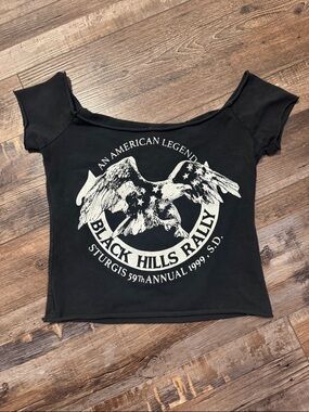 John Galt size S Black Hills Rally Graphic Off-Shoulder Black Women's Tee